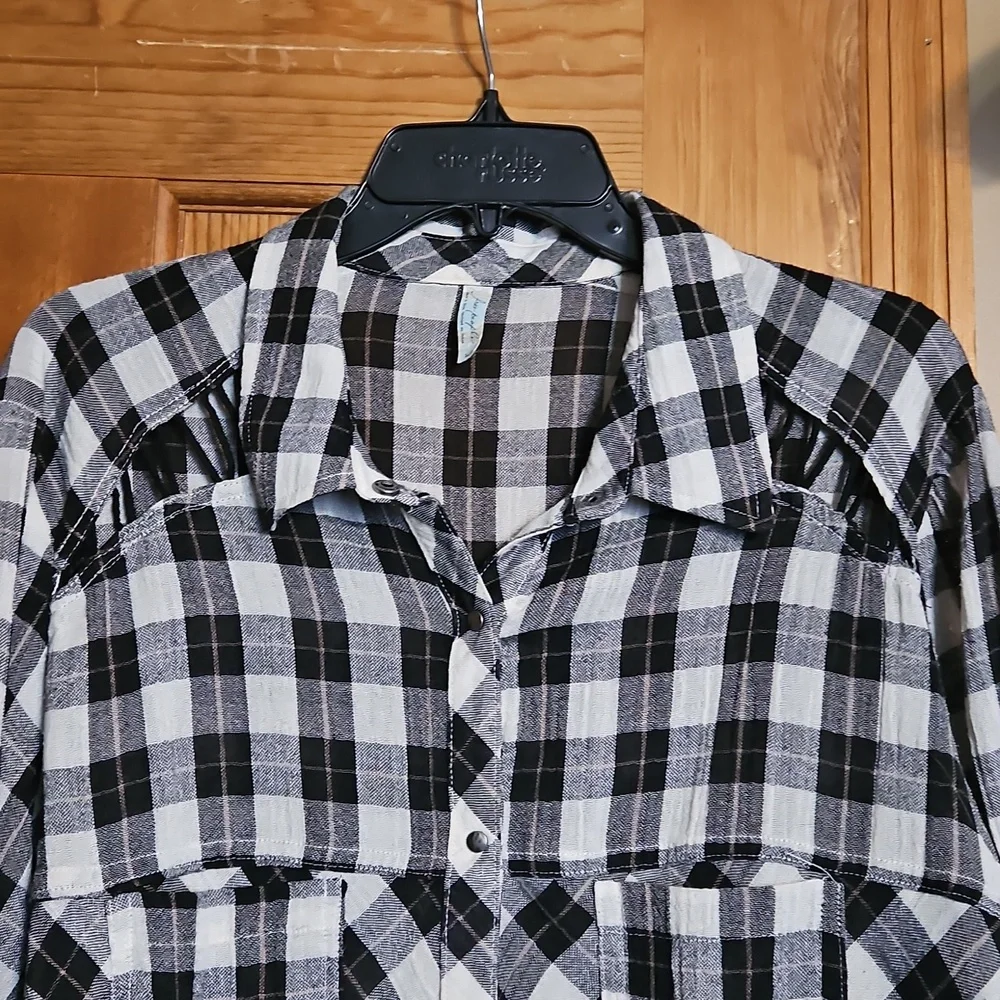 Free People Gauzy Plaid Cutout Shoulder Top